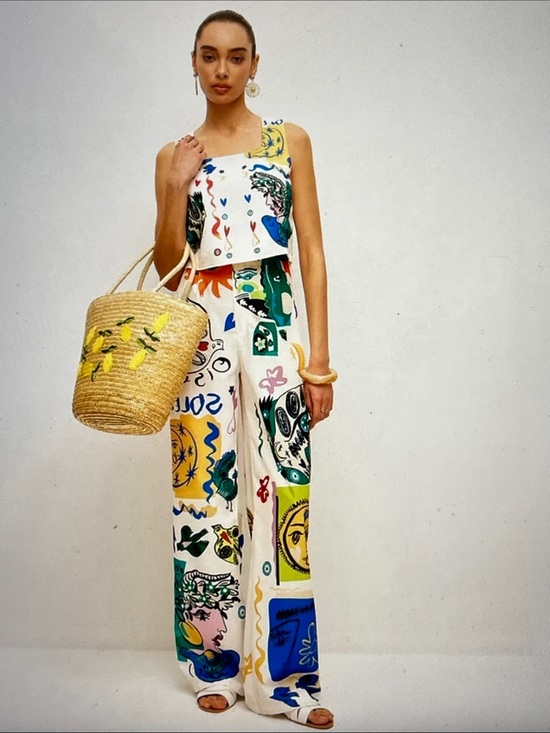 Commense Pants - NWT Commense Two-Piece White Graphic Crop Top & Wide Leg Pants Set